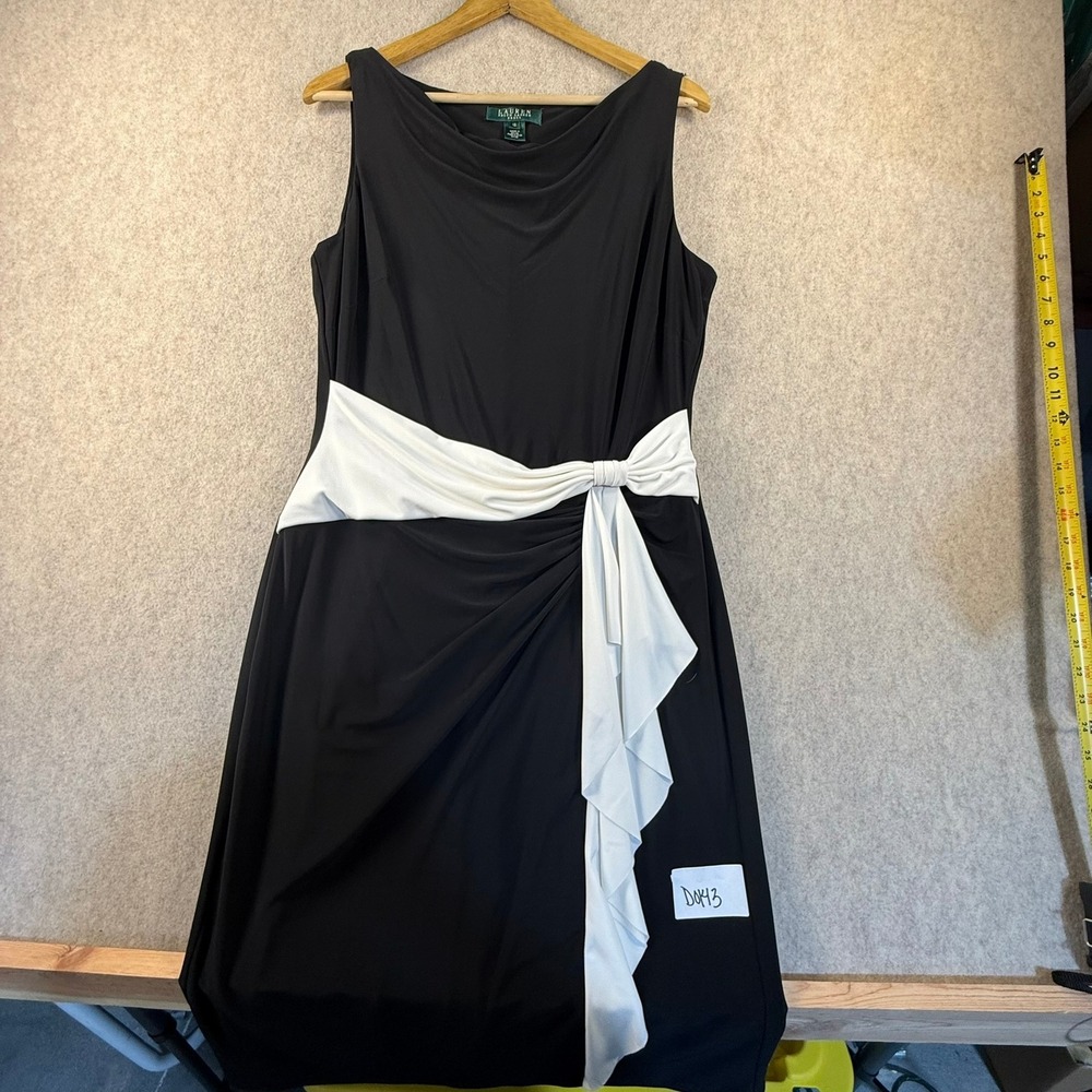 Lauren Ralph Lauren Black Cream Sash Sheath Dress Cowl Neck Sleeveless Size 12